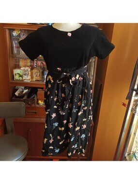 True Vintage Small Black Velvet Dress Floral Print Dress With Pink Ribbon Detail